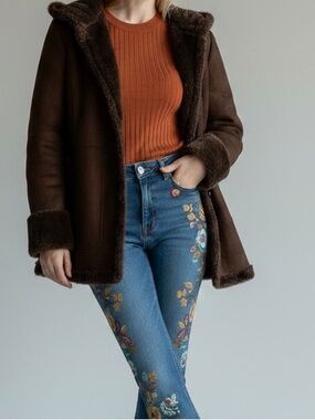 Vintage Jones New York Y2K Faux Suede & Fur Hooded Shearling Coat Size L